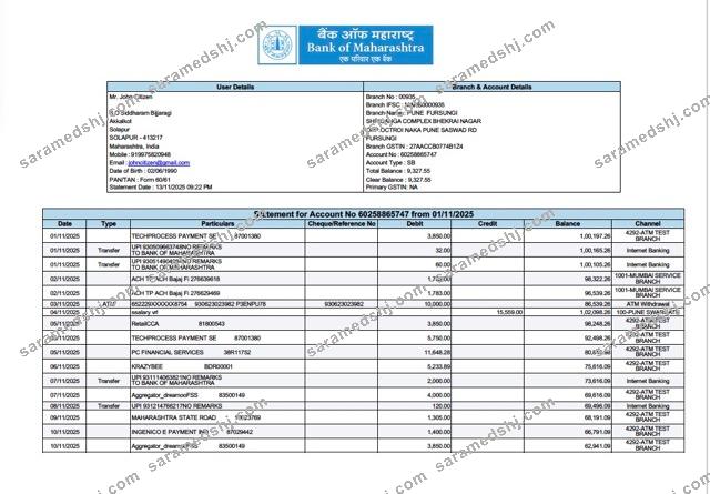 India Bank of Maharashtra statement for account Word and PDF template